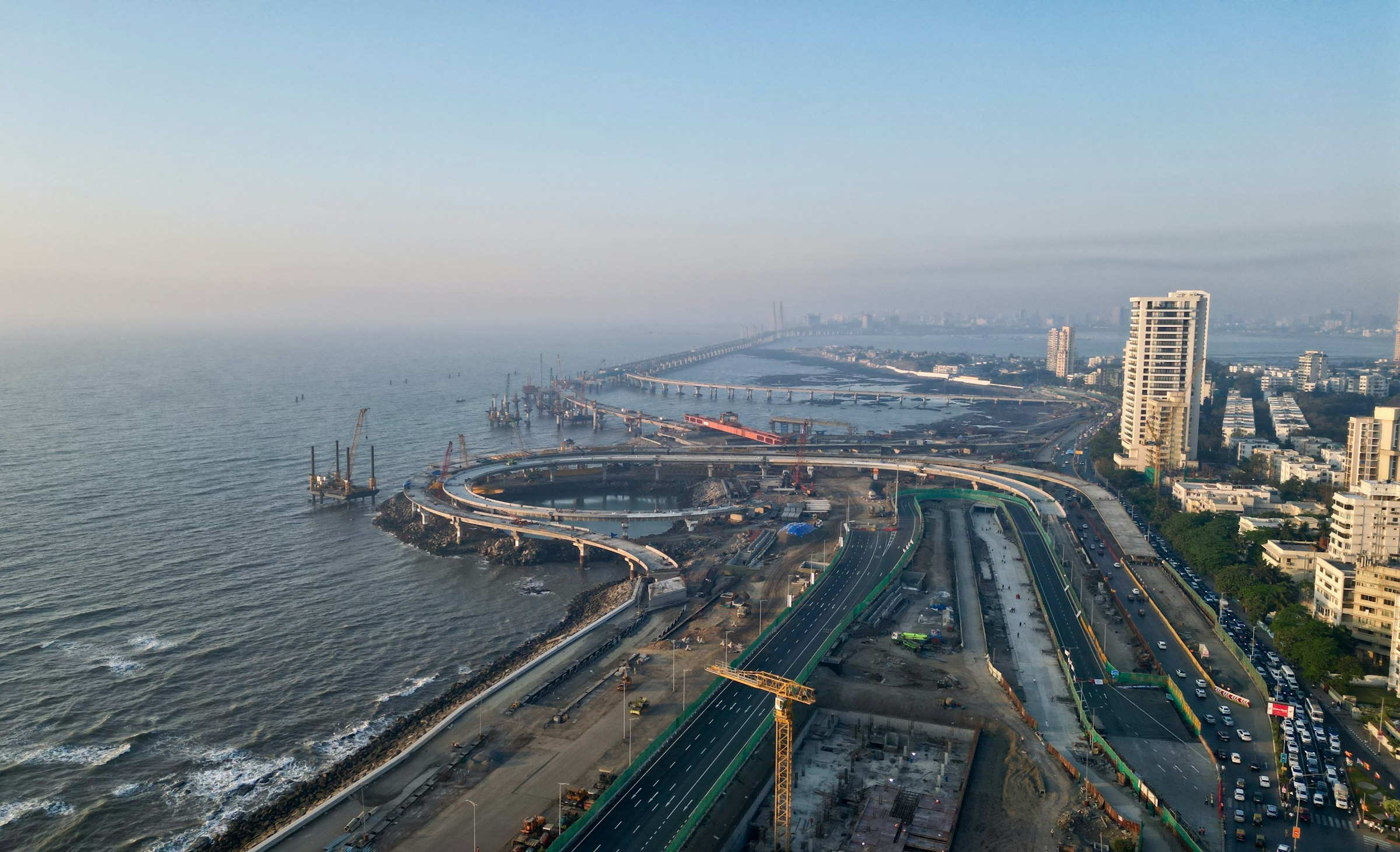 Aerial view of Mumbai's Bandra-Worli Sea Link and Coastal Road